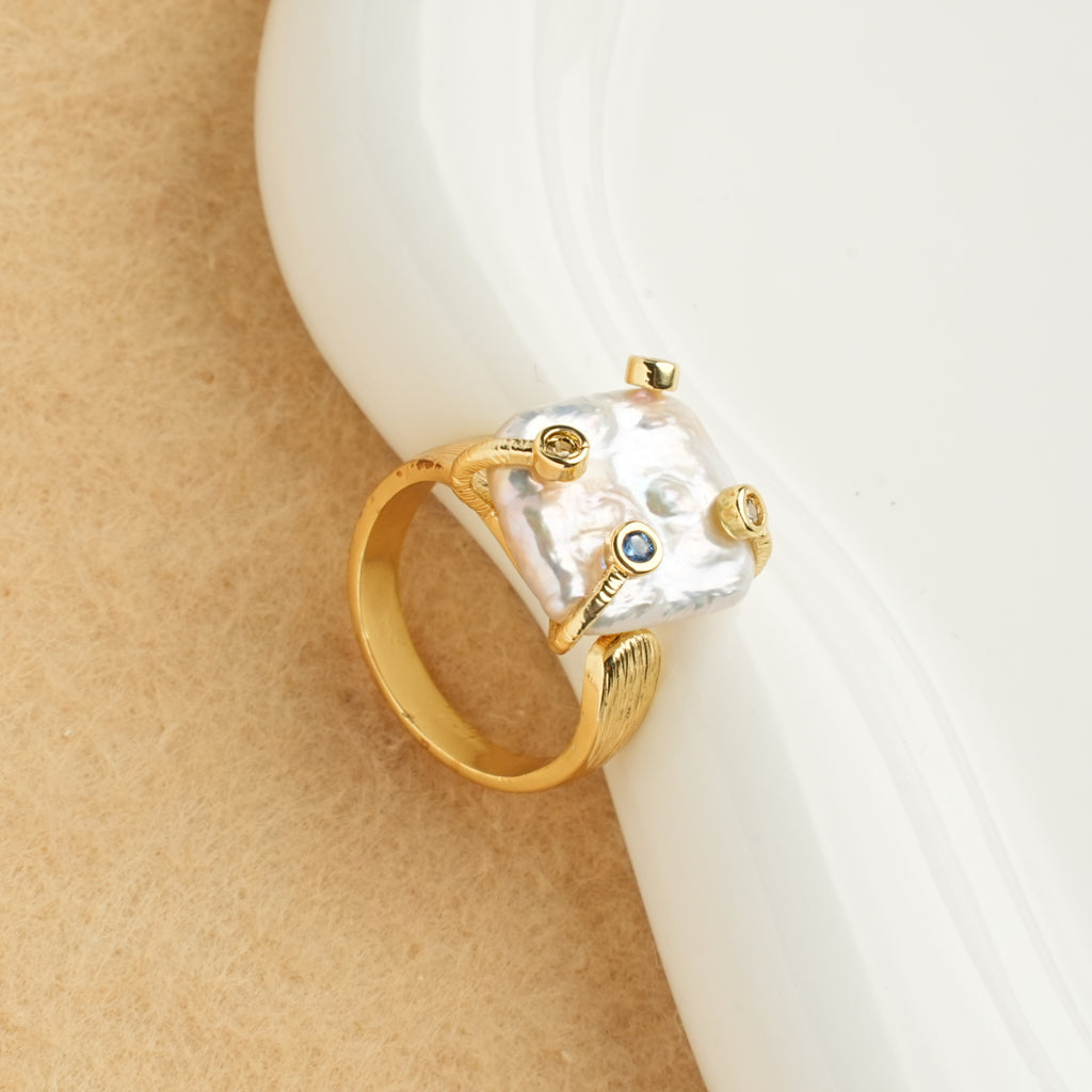 Natural Freshwater Baroque Square Pearl Ring
