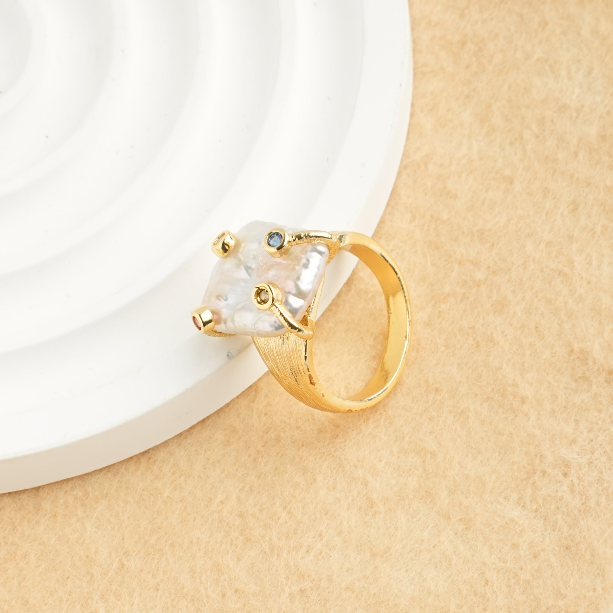 Natural Freshwater Baroque Square Pearl Ring