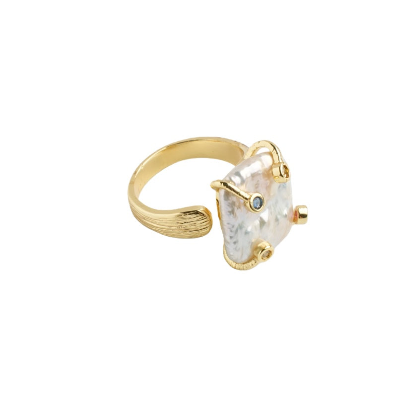 Natural Freshwater Baroque Square Pearl Ring