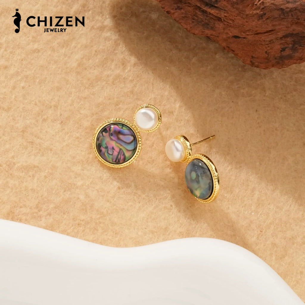 Natural Pearl &amp; Green Abalone Earrings